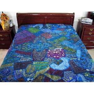 Blue Sari Moti Indian Bedding King Bedspread Tapestry 