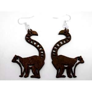  Brown Ring Tailed Lemur Wooden Earrings GTJ Jewelry