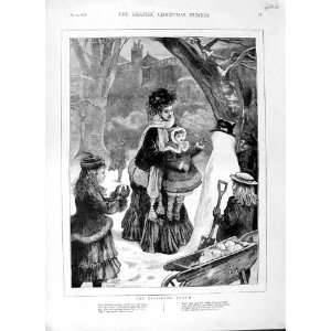  1874 CHILDREN SNOWMAN WINTER LADY TREE ANTIQUE PRINT