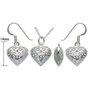  Silver Earring & Pendant set   3D filigree heart   Comes 