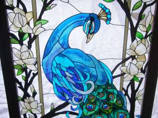 MAGNIFICENT * PEACOCK 17x37 STAINED GLASS WINDOW PANEL  