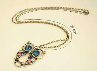 Vintage Colorful Nice Owl Carved Hollow Chain Necklace  