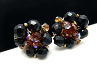 Vintage Signed Vendome Earrings Black Faceted Glass Brown AB Crystal 
