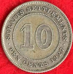 STRAITS SETTLEMENTS   10 CENTS   1927   60% SILVER   0.0523 ASW  