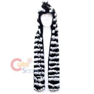 Zebra Fluffy Plush Lapland Hat w/ Mittens Pokect Scarf Premium Fur 