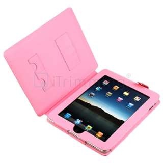 Pink Leather Skin Case+Home+Car Charger For iPad 1 3G  