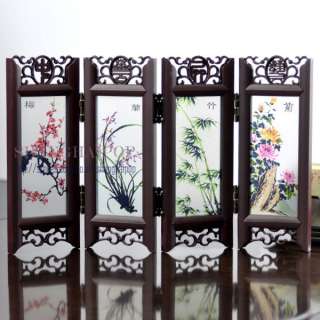 Vintage Chinese Screen Divider Resin Art Flower Bamboo Desk Deco 