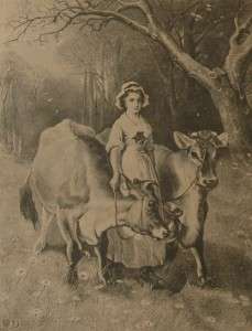   Engraving Titled Jersey Depicting Young Girl Leading Milk Cows  