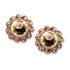 1928® Rose tone Floral Decal Non Pierced Round Earrings  