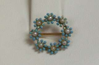 14K Yellow Gold Blue Enamel and Seed Pearl Flower Pin  