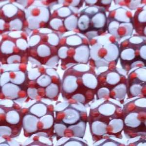 Lampwork Glass Red/White  Rondell Plain   17mm Height, 14mm Width 