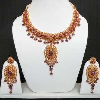 GENUINE INDIAN GOLDTONE SEMIPRECIOUS STONE CZ BRIDAL POLKI NECKLACE 