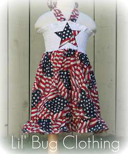 Custom 4th of July Smocked Dress Girl Flag Star  