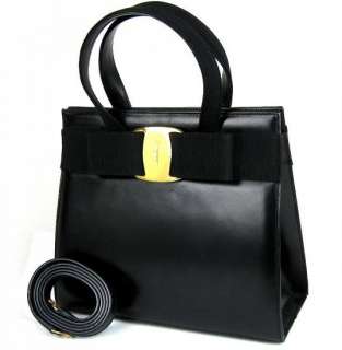   Ferragamo Black Calf Leather Ribbon 2 Way Hand Bag BA 214178 #3129