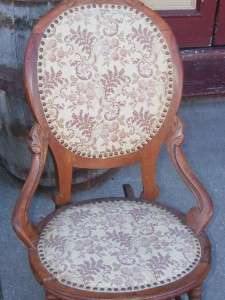 Old Antique Rose Carved Solid Wood Upholstered Sewing Rocking Chair 