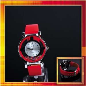 blue silver&colored beads round dial Wrist Watch red imitation leather 