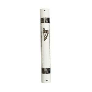  Mezuzah with Metal Bands, Shin and Stripes in White 