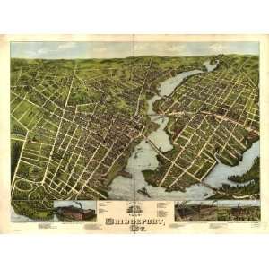   Historic Panoramic Map View of Bridgeport, Ct. 1875.