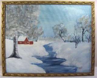 Old Original OIL PAINTING Icy Winter House Trees Stream Snow Naive 