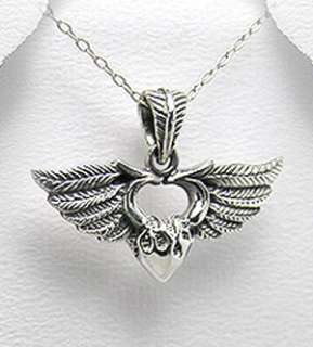 Silver Angel Wing Sacred Heart Necklace Harley Jewelry  