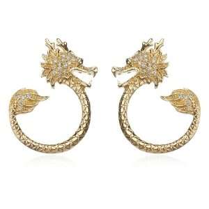  Dragon White CZ Earrings with Black CZ Eye in Gold Plate 