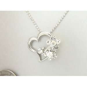 Open Heart Shape w/ Flower Shape Design Stone Pendant Necklace (Size 