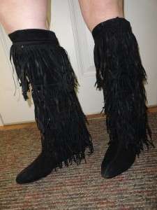 Two Lips 8 1/2 Black Genuine Suede Boots Well Worn Fringe Over the 