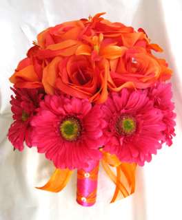 17pc Bridal Bouquet wedding flower ORANGE FUCHSIA DAISY  