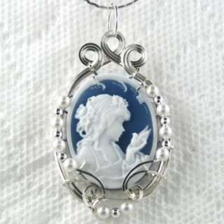 Lady Dove Blue Agate Cameo Pendant Sterling Silver Jewelry  