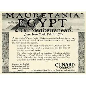  1926 Ad Cunard Anchor Line Mauretania Egypt Mediterranean 