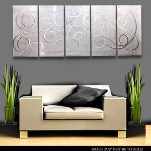 Modern Metal Abstract Wall Art Painting Sculpture White Silver Silent 