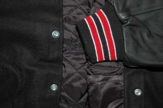   Black Varsity Letterman Jacket with Scarlet Red and White Stripes