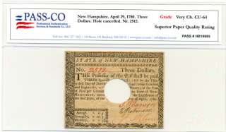 Colonial Currency NH, 4/29/1780 $3 PASS CO Graded Very Choice CU 64