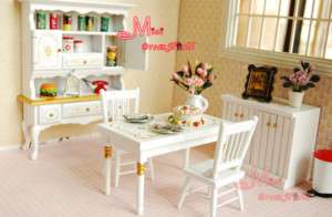 12 Dollhouse Miniature White Dinner Cabinet Table Set  
