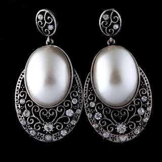 vintage retro black tibet silver oval dangle earring w/ big pearl 