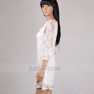   Lady Girl White Lace Flower Neck Crochet Mini Dress / Long Tops  