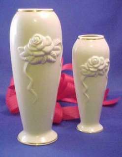 Lenox Rose Blossom Collection Vases Ivory Color Gold Trim Set of 2 