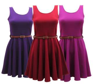 WOMENS LADIES BELTED SKATER DRESS SIZE 8 10 12 14  