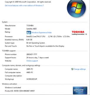 Toshiba Satellite A665 S6094 Laptop Intel Quad Core i7 740QM 1.73ghz 