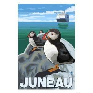  Puffins & Cruise Ship, Juneau, Alaska Premium Poster Print 
