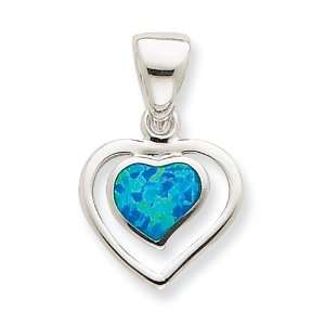    Sterling Silver Created Blue Opal Inlay Heart Pendant Jewelry
