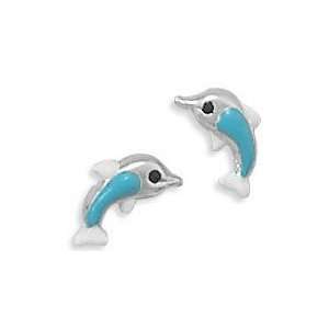   TEAL BLUE STERLING SILVER BLUE DOLPHIN STUDS, NICKEL FREE, AGES 4