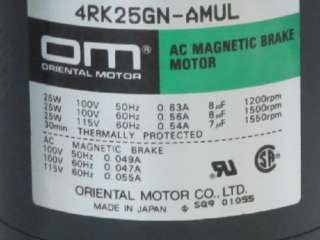 ORIENTAL MOTOR 4RK25GN AMUL AC MAGNETIC BRAKE MOTOR & GEAR HEAD  