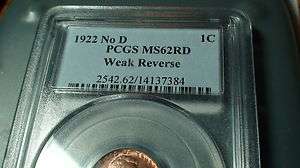 1922 NO D PENNY PCGS MS 62 RED WEAK REVERSE ***EXTREMELY RARE 