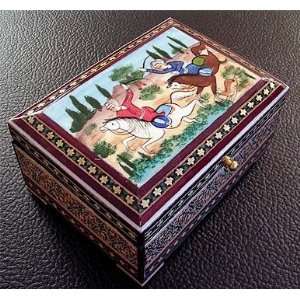 Persian Khatam Inlay Lined Decorative Jewelry Box with Hand Painted 