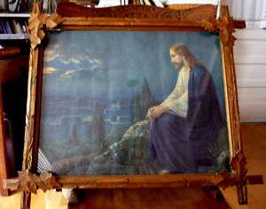 Rare Atkinson Fox Signed Jesus Print in Tramp Art Frame  