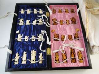 Vintage Chinese Hong Kong Ox Bone Carved Chess Set Game Board China 
