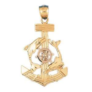  CleverEves 14K Gold Pendant Two Tone Anchor, Ships Wheel 