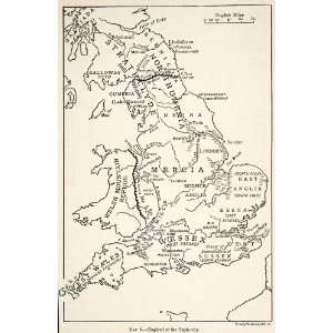 1926 Lithograph Vintage Map Heptarchy Anglo Saxon England Middle Ages 
