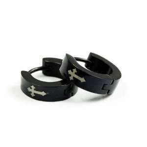   Black Titanium Silver Cross Design Earrings for Men 